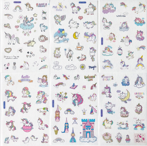 6 Láminas De Stickers Unicornios
