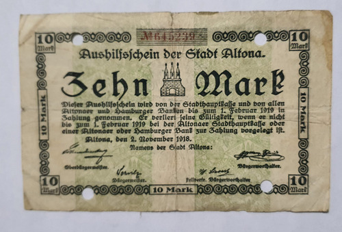 Billete 10 Marcos Aushilfschein Hamburg 1918 Detalle Orifici