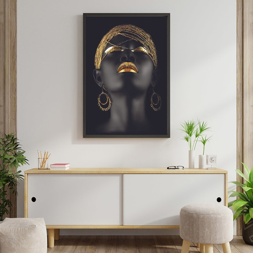 Quadro Mulher Negra Dourado Sala Escritório Uno Com Moldura Cor Mulher Negra e Dourado Cor da armação Preto