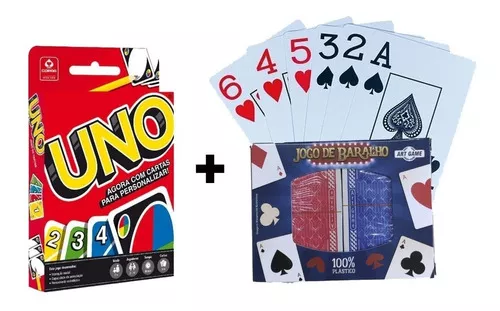 Kit Baralho Duplo De Plástico + Uno Jogo De Cartas