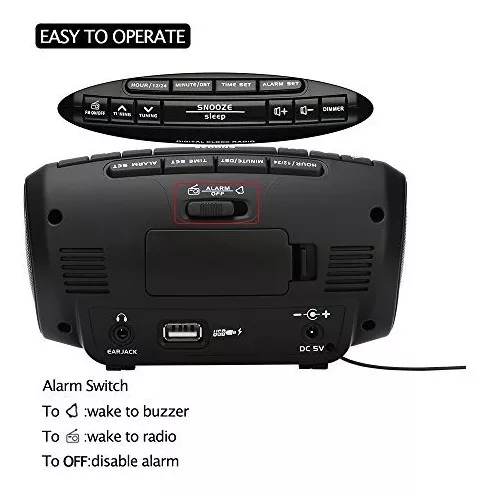 DreamSky Radio despertador decente con radio FM, puerto USB para carga,  pantalla de dígitos azules de 1.2 pulgadas con atenuador, pantalla de