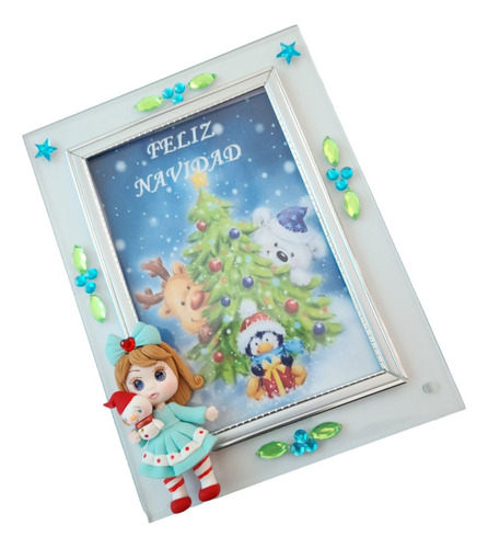 Porta Retrato Navidad 1 Pz Con Niña Muñeco De Nieve H6 Color Azul