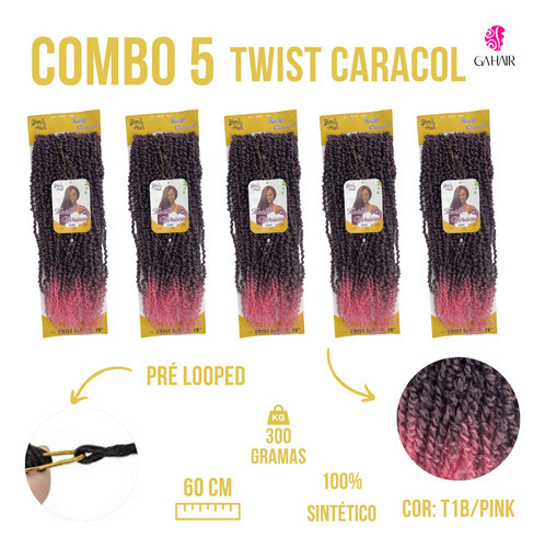 Combo 5 Cabelos Twist Praia Caracol P/crochet 60cm Atacado Cor Preto Com Californiana Rosa T1B-PINK