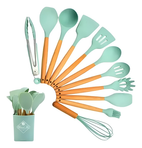 Set De 12 Utensilio De Cocina Mango Madera Punta Silicona Negro