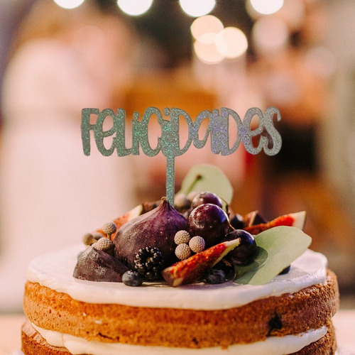 Cake Topper Felicidades Acrílico Vinil Glitter Plata 17x10 Plateado