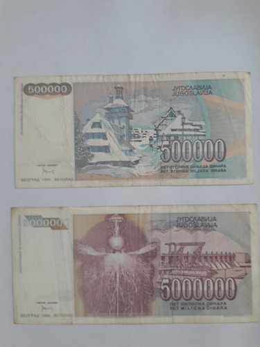 Imagen 2 de 2 de Billetes Yugoslavia: 1/2 Millon Y 5 Millones De Dinares