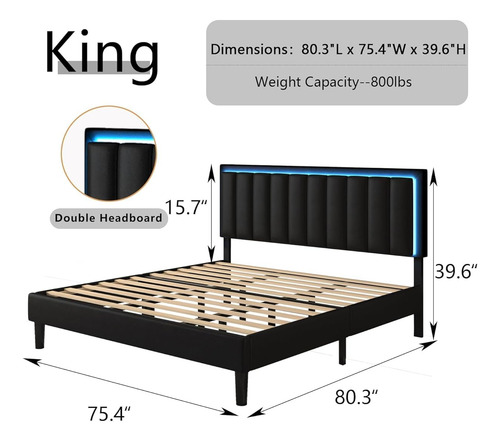 Bed Frame King Size Color Black C/cabecera Con Luz Led