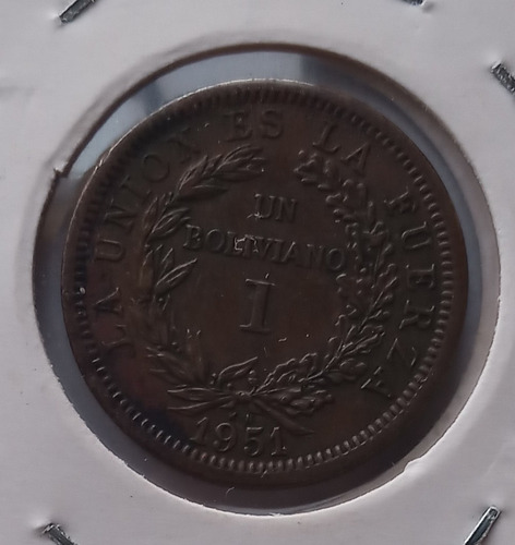 Moneda De Un Boliviano De Bolivia Ceca K.n Año 1951.