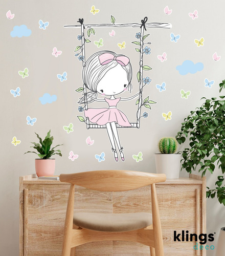 Vinilo Decorativo Infantil Niña Hamaca Mariposas Big