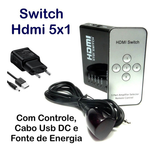 Chaveador Seletor Hub Switch Hdmi 5x1 C/ Controle E Fonte