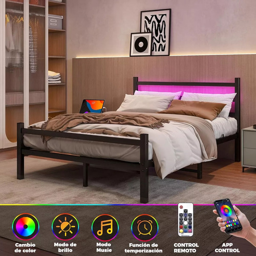 Metal Cama Queen Size Cabecera Luces Led Usb Recamara210x154