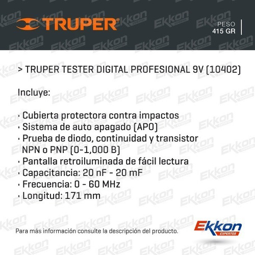 Imagen 2 de 10 de Tester Digital Truper Profesional 9 Volts Diodo Continuidad