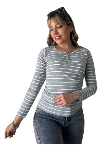 Remera Mujer Camiseta Manga Larga Rayada Modal Viscosa