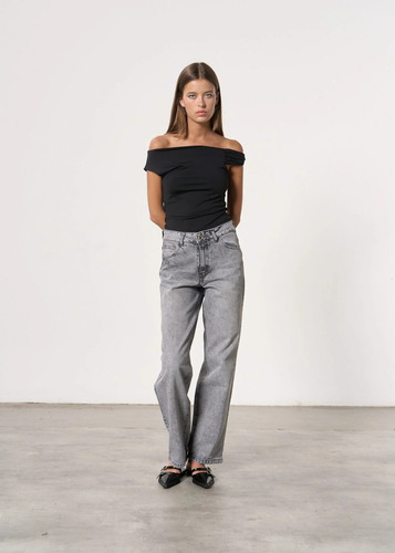 Pantalón Mom Straight De Jean Rígido Tiro Medio - Acid