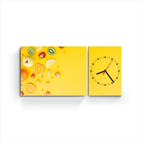 Cuadro Diptico Con Reloj Deco Cocina Colorido Frutas Frutal