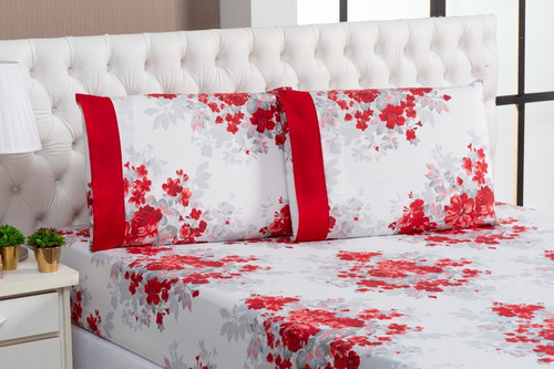 Jogo Lençol King Size 3 Pc Floral Com Elástico Cor Vermelho/branco Desenho Do Tecido Florido