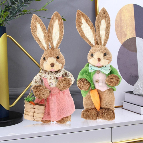 1 Par Conejo De Paja 35cm Adornos De Fiesta Decoración Pascu