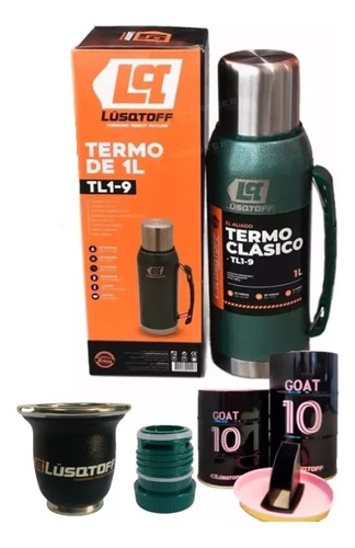 Termo Inoxidable Lusqtoff 1 Litro Verde 20h + Yerbera + Mate