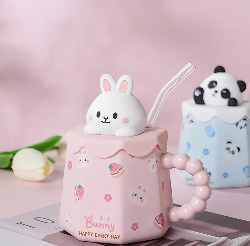 Taza De Cerámica 360 Ml Diseño Animal Con Tapa Y Popote