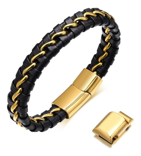 Pulsera De Hombre De Cuero Y Acero Inoxidable Ajustable