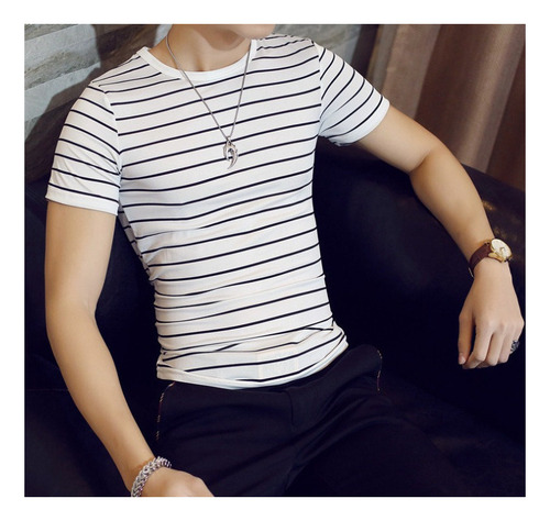 Camiseta A Rayas Para Hombre, Camisetas Ajustadas De Algodón