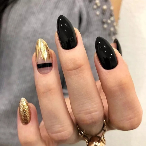 Uñas Postizas Decoradas Negro Con Dorado Brillos Almendra