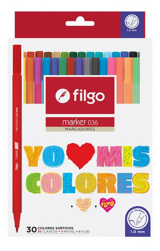 Marcador Filgo Marker 036 Media 1mm Caja 30 Colores Surtidos