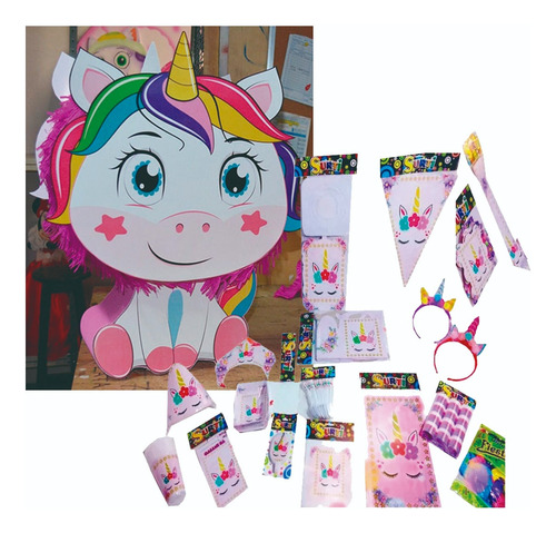 Unicornio Pop En Piñata + Set Fiesta Decoración X 12