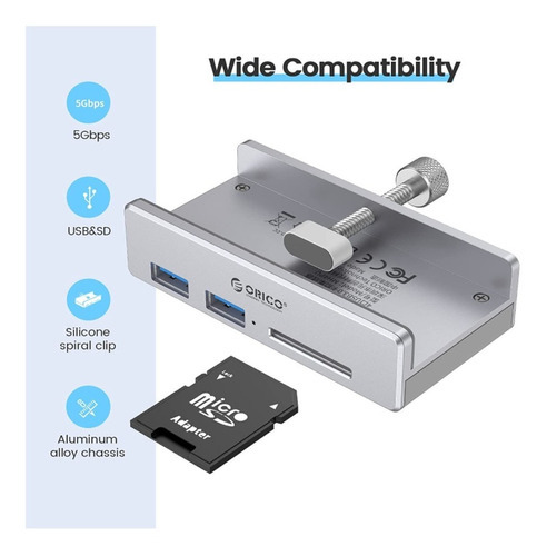 Adaptador Hub Aluminio Orico 3 En 1- Usb 3.0 X 2 + Puerto Sd