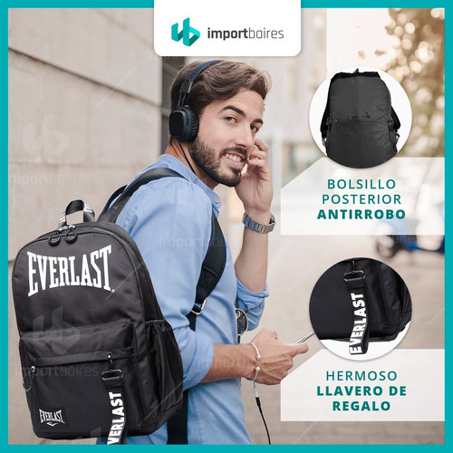 Imagen 2 de 10 de Mochila Everlast Porta Notebook Urbana Reforzada 100% Original Deportiva Escolar Gimnasio Gym Unisex
