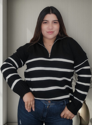 Sweater Hilo Bremer Oversize Con Cierre Negro Rayas Blancas
