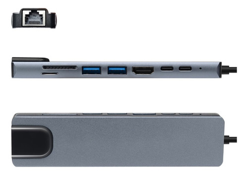 Kit Hub Usb-c 8 En 1 Entrada RJ45, Micro SD, SD, USB, HDMI,USB C Urban Balance Con Cargador Gan y Cable C a Lightning o Usb C 35w Plateado