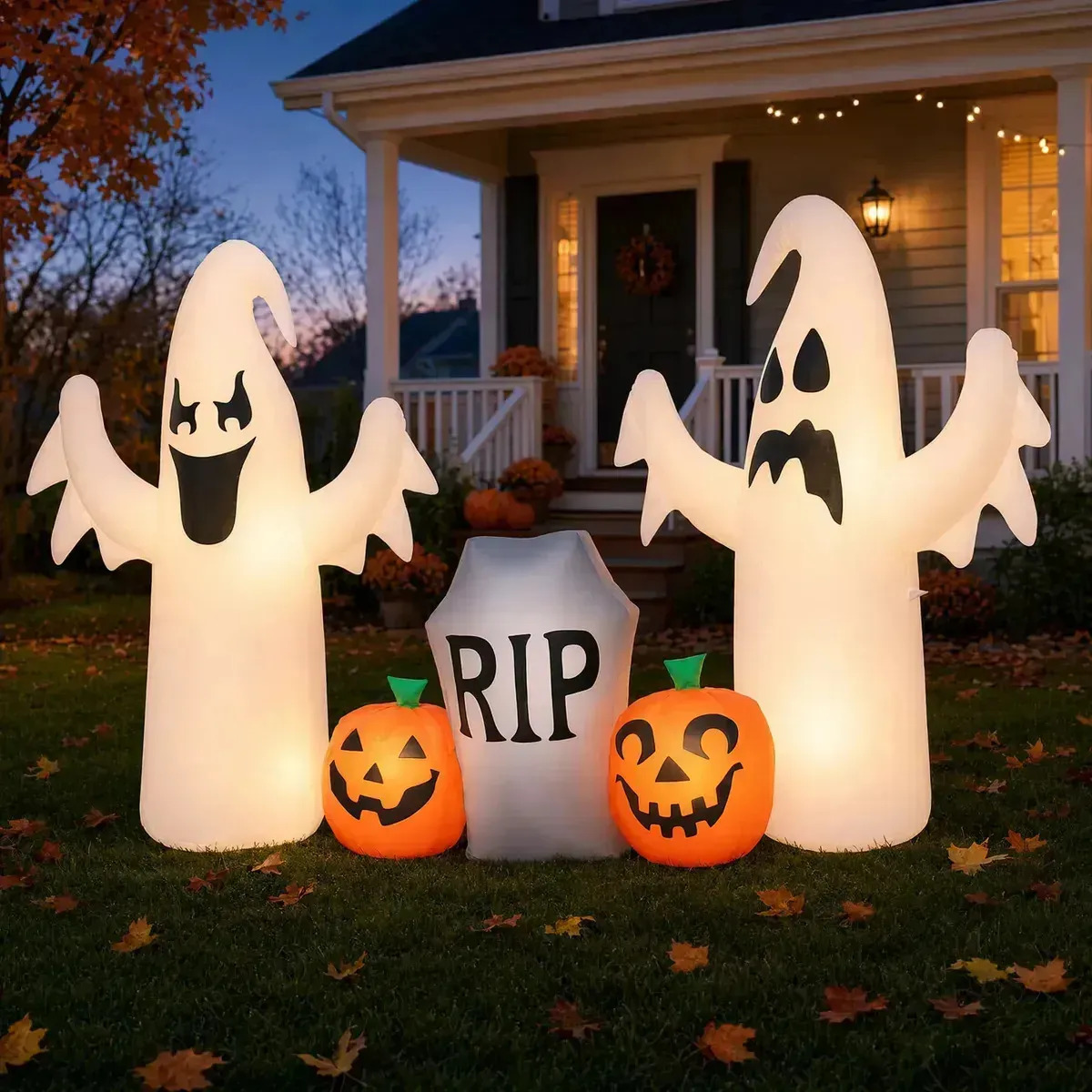 Ddcbeghaf - Inflable Halloween 120 Cm Con 2 Fantasmas, 2 Calabazas Y Lápida Rip, Luces Led Integradas, Decoración De... Blanco
