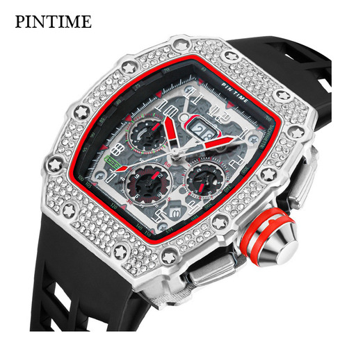 Reloj De Lujo Rojo Con Diamantes Y Carcasa Plateada