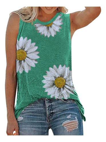 Mujer Daisy Print Tank Tops Manga Camiseta Verano O-neck Tee