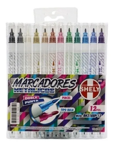 Marcador Metalico Shely Doble Punta Pincel bala 12 Colores
