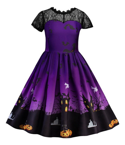 Vestido De Bruja Estampado Para Niños De Halloween