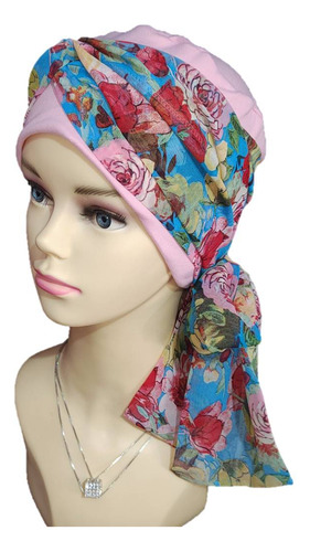 Turbante Gorro Mujer Elegante Oncológico, Algodón Y Mascada Color Azul Claro Con Rosa