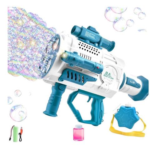 Pistola Burbujero Automatico Con Botella Carga Usb Con Luces Azul