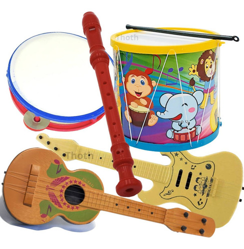 Kit 5 Instrumentos Flauta Guitarra Bumbo Brinquedo Infantil
