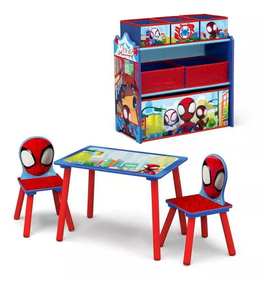 Mesa Con Sillas Y Juguetero Infantil De Madera Spiderman