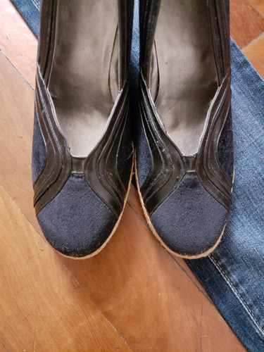 Zapatos Negros Taco Chino Gamuza Cuero Y Yute 37 Impecables