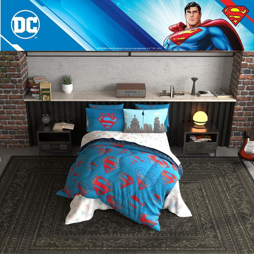 Conjunto Ropa De Cama Superman Franco 7 Piezas Microfibra