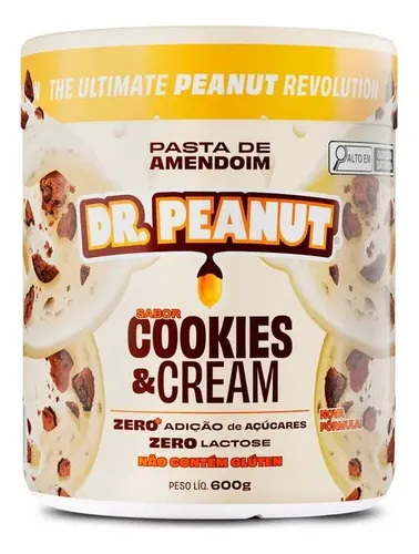 Pasta de amendoim Dr. Peanut sabor Cookies & Cream, embalagem cilindrica com fundo branco e detalhes em marrom e laranja, peso 600g