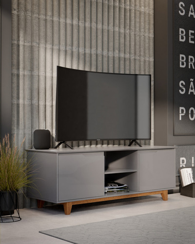 Rack Bancada Flow 2 Portas Estante De Televisão Home Para Quatro Ou Sala - Cinza