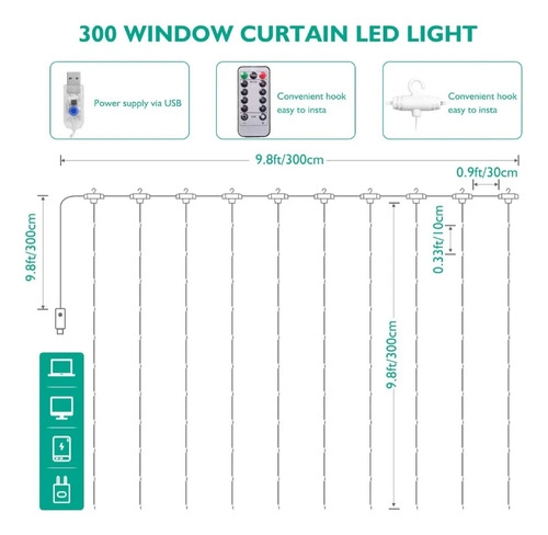 300 Led Luces De Cortina , 3Mx3M Impermeable Iluminación,uces De Cortina De Navidad Blanco Cálido Con Gancho, 8 Modos de Luces con Control Remoto, Cadena de Luces, Decoración para Dormitorio, Fiestas,