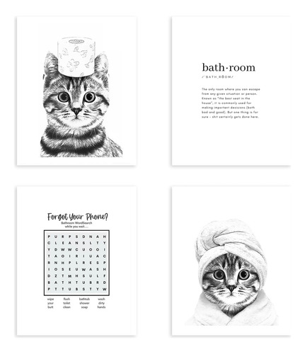 Impresión Canvas 4pzas Gatos Texto Baño Sin Marco