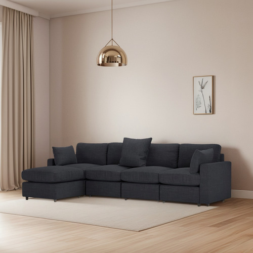 Sala Modular Modi 4 Plazas + Otoman + Pillowpack | Lavable | Gris Oscuro