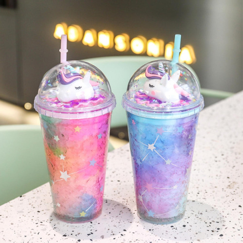 Vaso Con Bombilla Diseño Unicornio Glitter Y Luces Kawaii