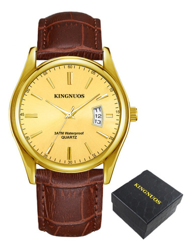 Reloj de pulsera Kingnuos K1853G de cuerpo color dorada, analógico, para hombre, fondo dorado, con correa de cuero color marrón y hebilla simple